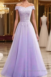 Off Shoulder Light Purple Lace Long Semi Formal Prom Dresses, Off the Shoulder Lilac Lace Formal Dresses, Purple Evening Dresses